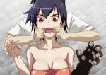  1girl bakemonogatari bare_shoulders blue_hair blush breasts cleavage collarbone highres kanbaru_suruga kyabakurabakufu large_breasts looking_at_viewer monogatari_(series) open_mouth orange_eyes short_hair simple_background solo_focus upper_body 