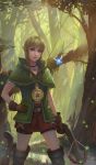  1girl blonde_hair blue_eyes bow_(weapon) compass crossbow fairy fireflies forest hood jewelry linkle looking_at_viewer nature navi necklace nintendo pointy_ears shorts_under_skirt the_legend_of_zelda thigh-highs thigh_boots tree twin_braids weapon yagaminoue zelda_musou 