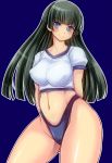  1girl arms_behind_back black_hair blue_eyes blush borrowed_character breasts curvy erect_nipples female highres large_breasts long_hair looking_at_viewer nanashi_mushi navel original perky_breasts shiny shiny_skin shipo_aki shirt simple_background smile solo standing swimsuit thick_thighs wide_hips 