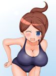 1girl artist_request asahina_aoi bare_shoulders blue_eyes blush breasts brown_hair cleavage dangan_ronpa dark_skin hair_ornament large_breasts leaning_forward long_hair looking_at_viewer one_eye_closed simple_background smile solo standing swimsuit 