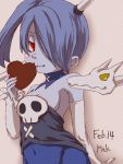  1girl bare_shoulders blue_skin breasts chocolate detached_collar detached_sleeves hair_over_one_eye heart leviathan_(skullgirls) mutsuki_(pixiv116518) red_eyes side_ponytail skullgirls squigly_(skullgirls) stitched_mouth stitches valentine zombie zombie_girl 