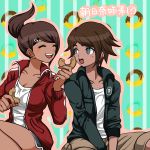  1boy 1girl artist_request asahina_aoi asahina_yuuta blue_eyes brown_hair dangan_ronpa dark_skin doughnut eating food hair_ornament shorts sportswear translated 