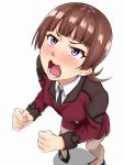  1girl active_raid blush breasts brown_hair brown_legwear clenched_hand from_above kazari_asami lips looking_up magekichi necktie open_mouth pantyhose pigeon-toed shoes short_hair skirt skirt_set skirt_suit solo suit uniform violet_eyes wavy_mouth 