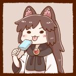  1girl animal_ears black_scarf brooch brown_hair candy commentary_request dress eating food imaizumi_kagerou jewelry lollipop long_hair long_sleeves poronegi scarf touhou white_dress wide_sleeves wolf_ears 