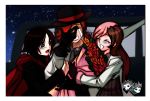  1boy 2girls bouquet crying flower girl_sandwich hug jadenkaiba multicolored_hair multiple_girls neo_(rwby) night orange_hair roman_torchwick ruby_rose rwby sandwiched smile tears 