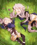  1boy 1girl armor cape father_and_daughter field fire_emblem fire_emblem_if flower grass hair_bun happy kanna_(fire_emblem_if) lying my_unit_(fire_emblem_if) nintendo on_back on_side outdoors pk-buttcheeks scarf short_hair silver_hair 