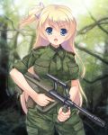  1girl aocchi blonde_hair blue_eyes female gun long_hair looking_at_viewer military military_uniform original side_ponytail solo tree uniform weapon 