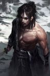  1boy black_hair dongho_kang japanese_clothes katana long_hair messy_hair muscle samurai solo sword weapon 