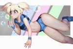  1girl adapted_costume blonde_hair blue_eyes bubble_wand bubbles bubbles_(ppg) cartoon_network crop_top navel powerpuff_girls shoes short_shorts short_twintails shorts sneakers solo stomach twintails villagerandy_rand wristband 