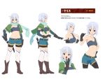  1girl bangs bare_shoulders belt bike_shorts blush boots breasts capelet chris_(konosuba) downblouse earrings elbow_gloves facial_mark gloves jewelry kanji knife kono_subarashii_sekai_ni_shukufuku_wo! matokechi navel open_mouth outstretched_arm scarf short_hair shorts silver_hair small_breasts solo text thigh-highs tongue translation_request violet_eyes white_background 