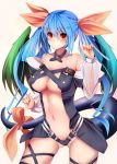  1girl arc_system_works asymmetrical_wings bare_shoulders blue_hair blush bow breasts choker cleavage collarbone cowboy_shot detached_collar detached_sleeves dizzy guilty_gear hair_ribbon highres inaba_sunimi large_breasts long_hair long_sleeves looking_at_viewer navel off_shoulder orange_ribbon panties puffy_long_sleeves puffy_sleeves red_eyes revealing_clothes ribbon shiny shiny_hair smile solo tail tail_bow tail_ribbon twintails under_boob underwear wings 