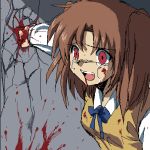  1girl blood bloody_hands brown_hair cracked_wall crying female open_mouth pixel_art punching red_eyes school_uniform solo type-moon wall 