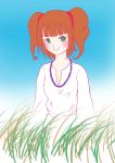  1girl artist_request brown_hair female green_eyes highres idolmaster jewelry necklace outdoors sky smile solo takatsuki_yayoi twintails yayoi_period 