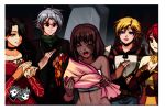  2boys 3girls amber_(rwby) bouquet brown_hair cinder_fall closed_eyes dark_skin flower jadenkaiba jaune_arc midriff multiple_boys multiple_girls pixiv_manga_sample professor_ozpin pyrrha_nikos rwby scar smile 