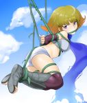  1girl bare_shoulders bdsm blonde_hair blue_eyes blush bondage bound breasts brown_hair crop_top eleka flipped_hair gradient_hair kid_icarus kid_icarus_uprising looking_back multicolored_hair nintendo sandals scarf sharpffffff short_hair short_shorts shorts sky solo thigh-highs vines 