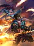  1boy 1girl barefoot black_hair blue_hair draven explosion league_of_legends piggyback running skence sona_buvelle toes twintails 