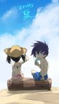  1boy 1girl akame_ga_kill! beach bikini black_hair blue_eyes chibi eating food hat ice_cream kurome_(akame_ga_kill!) official_art square_enix swimsuit tashiro_tetsuya wave_(akame_ga_kill!) 