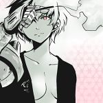  1girl akame_ga_kill! grey_hair mechanical_arm monochrome najenda official_art red_eyes smile smoking solo square_enix tashiro_tetsuya under_boob 