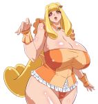  1girl blonde_hair blush breasts choker cleavage collarbone female gigantic_breasts hair_ornament hairclip highres leotard long_hair looking_at_viewer open_mouth orange_eyes original plump precure shiny shiny_skin simple_background solo standing thick_thighs very_long_hair white_background wide_hips yukimaru_(gojo) 