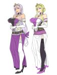  1girl black_beat blonde_hair blue_eyes blush breasts character_request character_sheet crown female high_heels large_breasts long_hair looking_at_viewer purple_hair simple_background solo thigh-highs upper_body 
