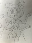  1girl extra_eyes fangs gradient gradient_background itimu lineart looking_at_viewer monochrome monster_girl muffet multiple_arms photo short_hair short_twintails simple_background smile solo spider_girl traditional_media twintails undertale white_background 