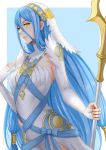  1girl aqua_(fire_emblem_if) artist_request blue_hair breasts dancer dress female fire_emblem fire_emblem_if long_hair nintendo solo weapon yellow_eyes 