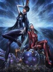  2girls bayonetta bayonetta_(character) bayonetta_2 black_hair boots cards glasses gloves goggles goggles_on_head gun handgun high_heels jeanne_(bayonetta) long_hair michael_lam mole mole_under_mouth multiple_girls short_hair silver_hair sitting weapon 