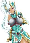  1girl armor breasts capcom dark_skin female kimura_neito looking_at_viewer monster_hunter side_ponytail simple_background solo violet_eyes white_background white_hair zinogre_(armor) 
