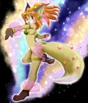  1girl animal_ears barefoot breasts feet female fox fukuwan full_body furry gradient gradient_background open_mouth orange_hair pawpads paws ponytail red_eyes soles solo tail toes 
