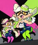  +_+ 2girls aori_(splatoon) dancing fangs food food_on_head hotaru_(splatoon) multiple_girls nintendo object_on_head shenanimation splatoon spotlight stage tentacle_hair 