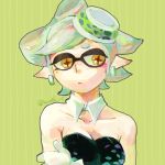  +_+ 1girl arm arm_grab bare_arms bare_shoulders black_dress breasts cleavage collarbone cross-shaped_pupils detached_collar domino_mask dress earrings female gloves green_background hanada_03 hand_on_own_arm hat hotaru_(splatoon) inkling jewelry looking_away mask mole mole_under_eye neck nintendo pointy_ears short_hair shy solo splatoon strapless strapless_dress striped striped_background symbol-shaped_pupils upper_body white_gloves white_hair yellow_eyes 