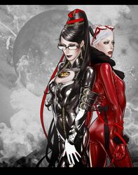  2girls ass bayonetta bayonetta_(character) black_eyes black_hair bodysuit breasts brown_eyes cleavage_cutout feathers female fur glasses jeanne_(bayonetta) lipstick long_hair makeup mole moon multiple_girls red_ribbon ribbon short_hair silver_hair very_long_hair 