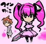  1boy 1girl akame_ga_kill! brown_hair chibi mine_(akame_ga_kill!) official_art pink_hair smile square_enix tashiro_tetsuya tatsumi_(akame_ga_kill!) twintails weapon 