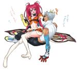  1boy 1girl bare_shoulders belt blue_eyes blush boots breasts cleavage dark_skin grey_hair long_hair loni_dunamis midriff nanaly_fletch navel open_mouth pants red_eyes redhead short_hair short_shorts shorts tales_of_(series) tales_of_destiny_2 tattoo thigh_boots twintails 