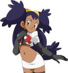  1girl brown_eyes dark_skin hainchu happy iris_(pokemon) looking_at_viewer navel nintendo pokemon smile solo team_rocket_(cosplay) 