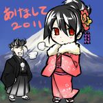  1boy 1girl akame akame_ga_kill! black_hair blush bulat chibi hair_ornament japanese_clothes kimono mountain official_art pompadour red_eyes smile square_enix tashiro_tetsuya 