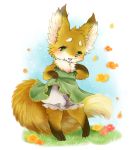  androgynous animal_ears artist_request barefoot feet fox furry grass green_eyes open_mouth outdoors paws solo tail toes 