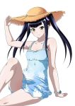  00s 1girl bare_legs black_hair blue_eyes breasts cleavage collarbone dress female hair_ornament hat ikkitousen jpeg_artifacts long_hair looking_at_viewer official_art saji_genpou_(true) simple_background sitting small_breasts smile solo straw_hat strawhat sundress twintails white_background yellow_eyes 