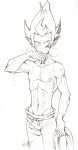  1boy abs hand_on_mouth iop lineart male_focus monochrome nipples panting pointy_ears shirtless simple_background solo standing sweat topless towel training tristepin_percedal wakfu wet white_background workout 