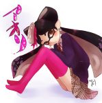 1girl aori_(splatoon) artist_request artist_signature blush crouching earrings japanese japanese_text jewelry looking_at_viewer pointy_ears solo splatoon thighhighs translation_request twintails