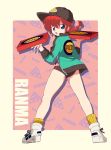  1girl ass baseball_cap blue_eyes braid buruma character_name english genderswap gym_uniform hat highres jacket looking_back machi_(mctri) pizza_box ranma-chan ranma_1/2 redhead retro saotome_ranma shoes single_braid sneakers socks solo track_jacket yellow_legwear 