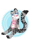  1girl artist_request blue_eyes female full_body furry open_mouth ribbon sitting snow_leopard solo white_background 