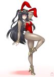  1girl animal_ears black_hair blush bodystocking breasts bunny_tail bunnysuit cleavage detached_collar fire_emblem fire_emblem:_kakusei full_body high_heels hime_cut leg_up leotard long_hair looking_at_viewer nintendo rabbit_ears solo spewing_mews standing_on_one_leg tail tharja tiara two_side_up 