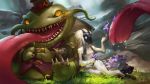 1boy 1girl claws fangs flower furry glowing glowing_eyes hat kindred lamb_(league_of_legends) league_of_legends long_tongue mask saliva sitting skence tahm_kench tongue top_hat 