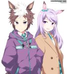  2girls animal_ears bangs blue_necktie brown_coat brown_hair buttons character_name clothes_writing coat commentary copyright_name ear_piercing eyebrows_visible_through_hair hands_in_pockets horse_ears horse_girl jacket long_hair long_sleeves looking_at_viewer mejiro_mcqueen_(umamusume) mejiro_ryan_(umamusume) multicolored_hair multiple_girls neck_ribbon necktie open_mouth piercing purple_hair purple_jacket ribbon shigino_sohuzi shirt short_hair simple_background smile umamusume upper_body violet_eyes white_background white_hair white_shirt 