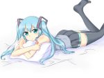  1girl aqua_eyes aqua_hair edgarfencer female hatsune_miku hugging_pillow long_hair lying pillow tattoo thigh-highs twintails vocaloid 