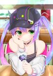  1girl bare_shoulders blurry blurry_background blush breasts collarbone commentary emoji green_eyes growing_naru hair_ornament hairclip hat highres hololive indoors jacket long_hair pov purple_headwear sitting small_breasts solo table tokoyami_towa twintails virtual_youtuber 