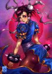 1girl bun_cover capcom chinese_clothes chun-li david_rios double_bun looking_at_viewer pantyhose puffy_sleeves solo spiked_bracelet street_fighter 