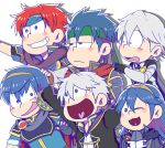  1girl 5boys blue_hair fire_emblem fire_emblem:_akatsuki_no_megami fire_emblem:_fuuin_no_tsurugi fire_emblem:_kakusei fire_emblem:_mystery_of_the_emblem fire_emblem_if headband heart heart_in_mouth ike koineko_(aph0310) lucina multiple_boys my_unit_(fire_emblem:_kakusei) my_unit_(fire_emblem_if) nintendo osomatsu-san parody redhead roy_(fire_emblem) silver_hair style_parody super_smash_bros. tiara 