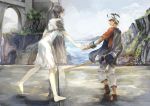  1boy 1girl bandage barefoot belt black_hair dark_skin dress eye_contact grey_hair hand_holding highres horns ico ico_(character) looking_at_another short_hair sky standing stick water weapon yorda 